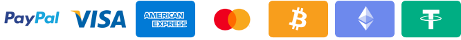 Supported payment methods including PayPal, Visa, Mastercard, Bitcoin, Ethereum, and Tether